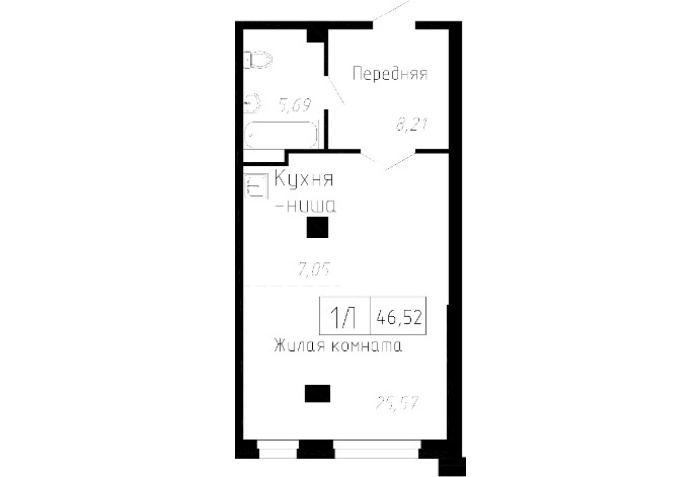 1-комнатная, 46.52  м² в Чайка