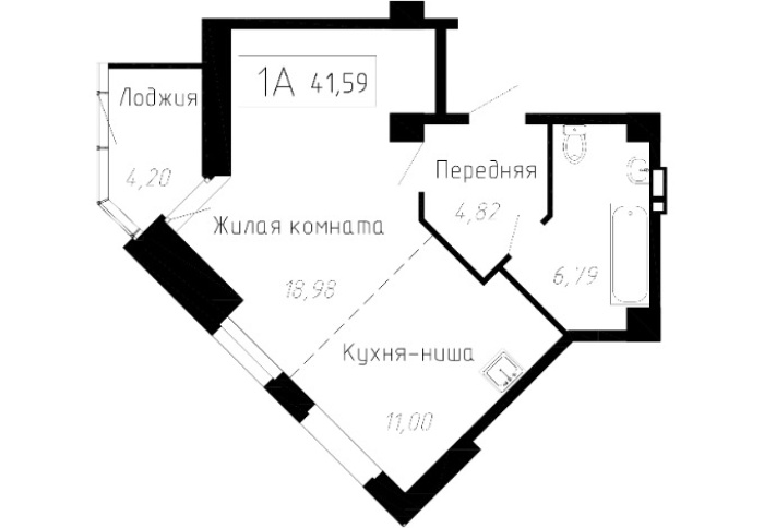 1-комнатная, 41.59 м² в Чайка