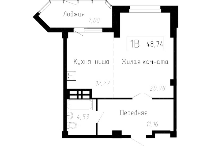 1-комнатная, 48.74 м² в Чайка