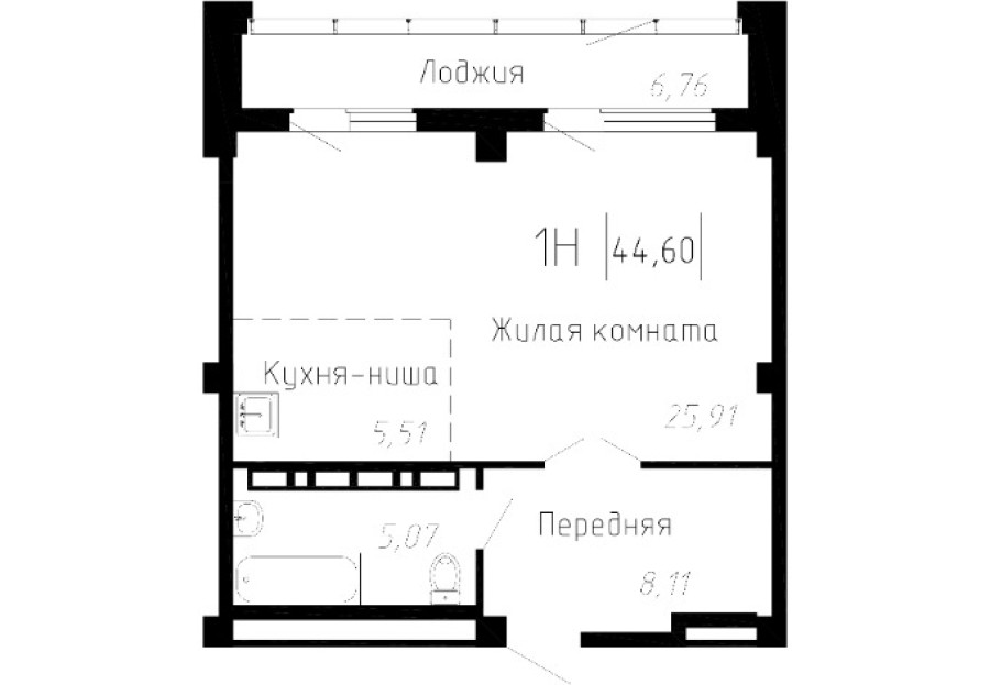 1-комнатная, 44.60 м² в Чайка