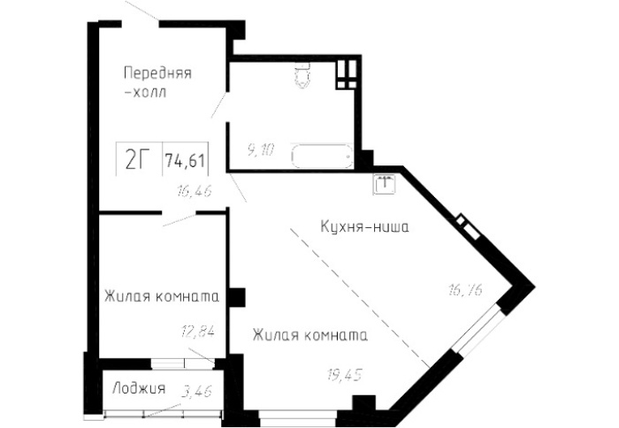 2-комнатная, 74.61 м² в Чайка
