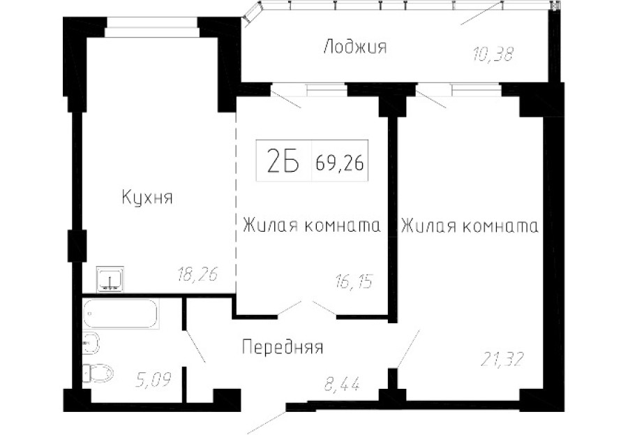 2-комнатная, 69.26 м² в Чайка