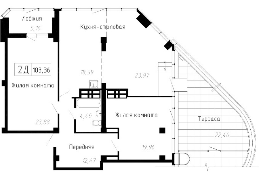 2-комнатная, 103.36 м² в Чайка