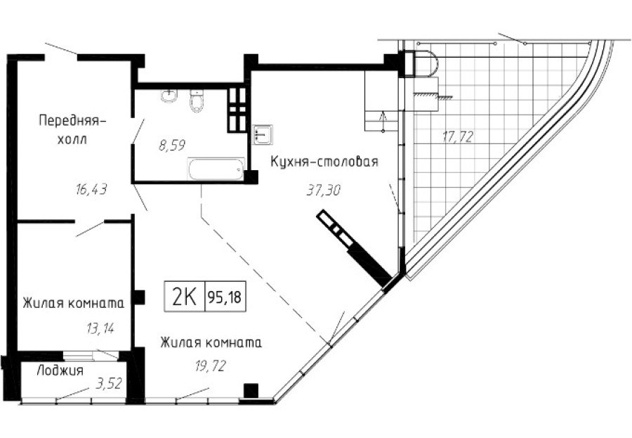 2-комнатная, 95.18 м² в Чайка