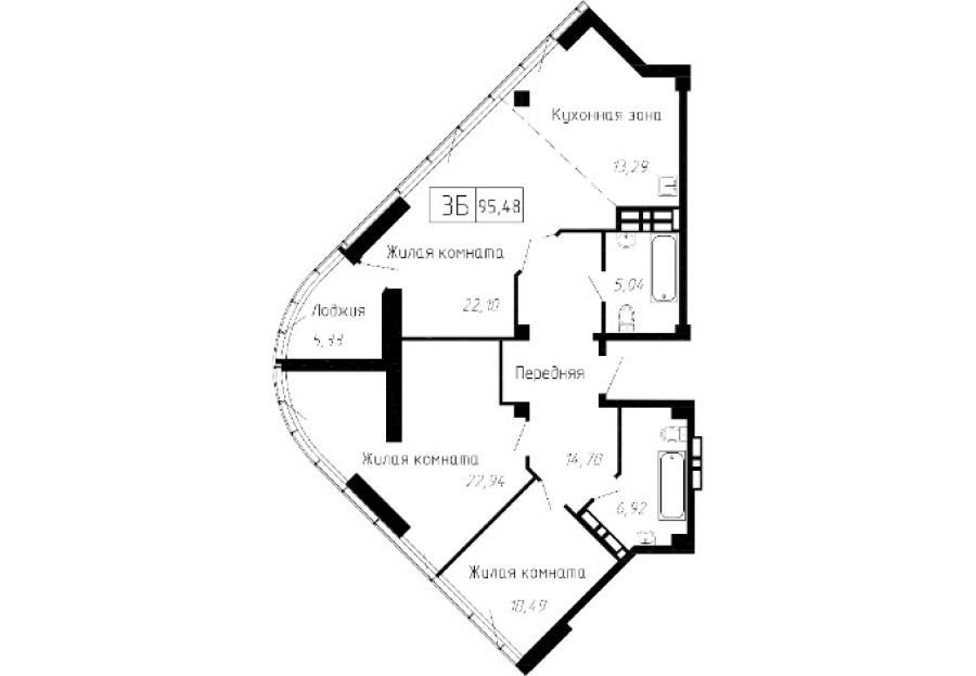 3-комнатная, 95.48 м² в Чайка