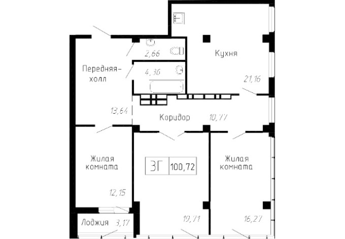 3-комнатная, 100.72 м² в Чайка